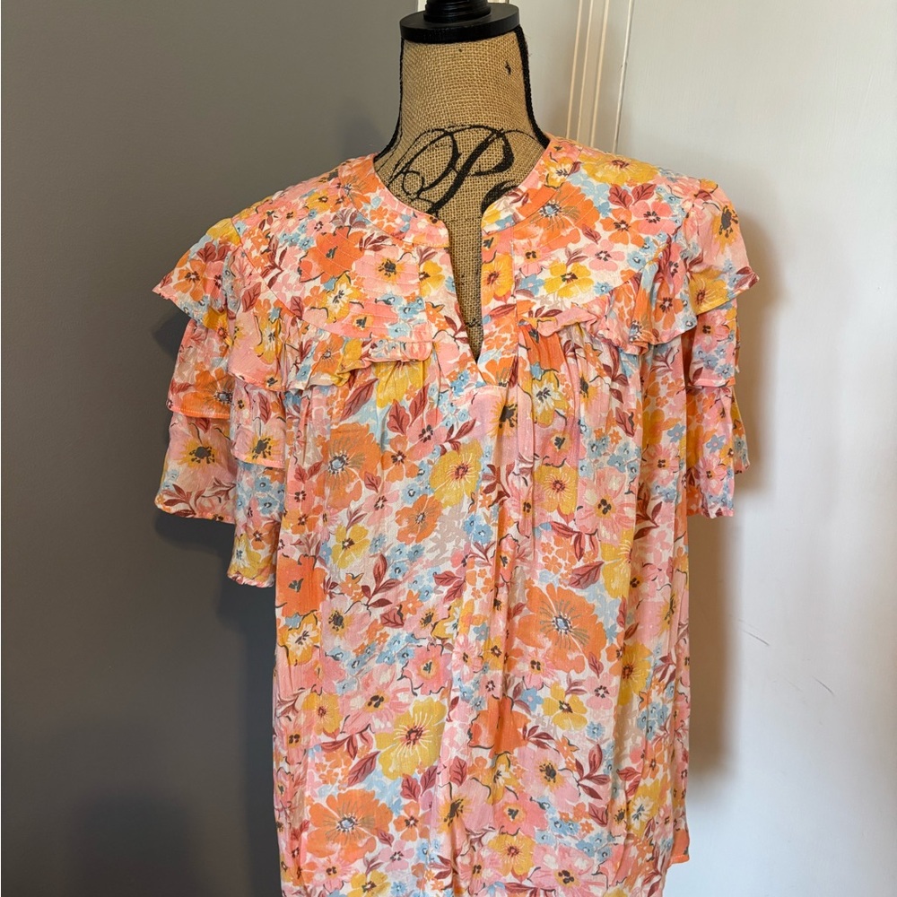 Democracy Floral Ruffle Blouse - Pink and Orange